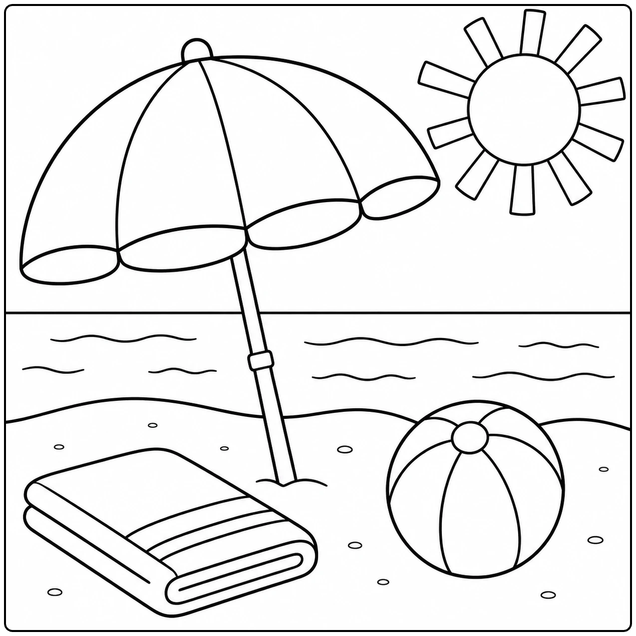 Strandtafereel met parasol, opgerolde handdoek, strandbal en zon boven rustige golven