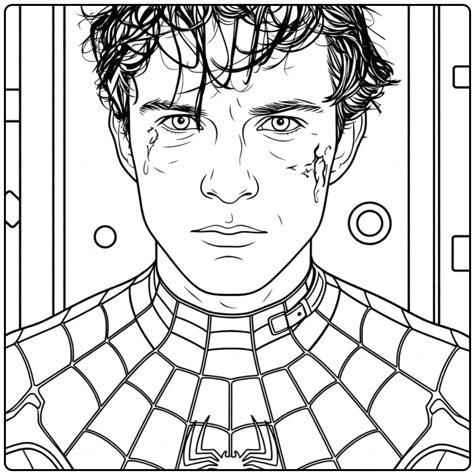 Spider Man Brand New Day Kleurplaat met een jonge man met donker krullend haar, strenge blik en een pak met webpatroon.