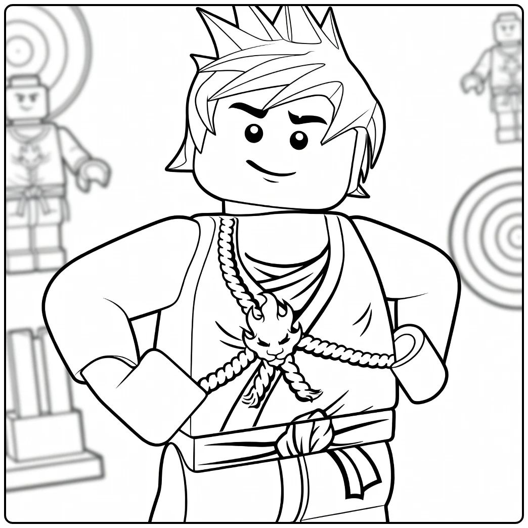 ninjago kleurplaat van een figuur met spiky haar en vlammenembleem