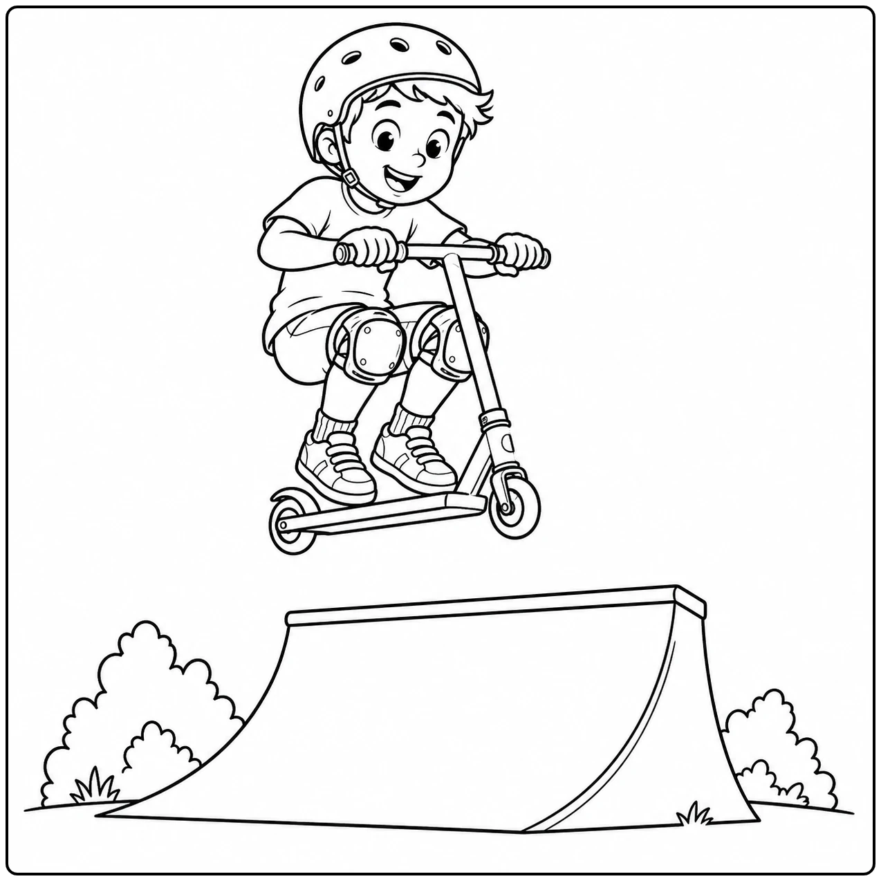 Jonge stepper springt boven een schans, een stoere kleurplaat step met helm en kniebeschermers