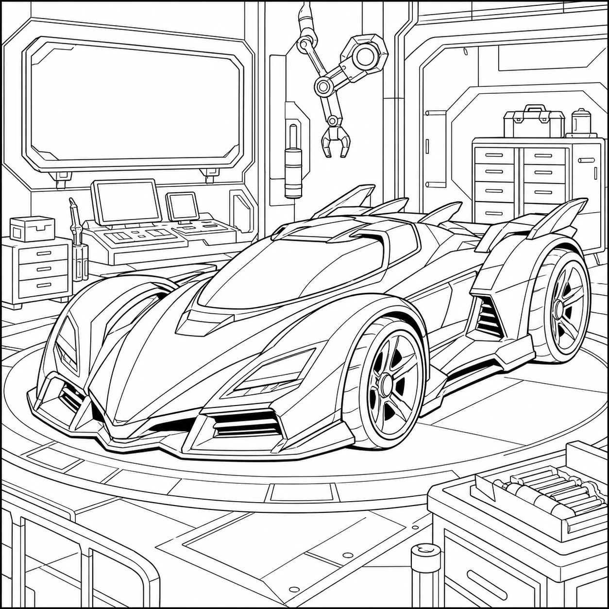 Kleurplaat batman auto met een moderne wagen in een technische garage