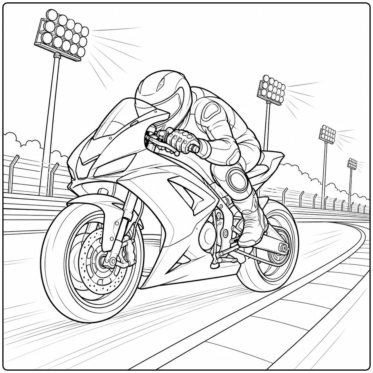 Superbike met een beschermend geklede rijder in een bocht onder hoge circuitlampen.