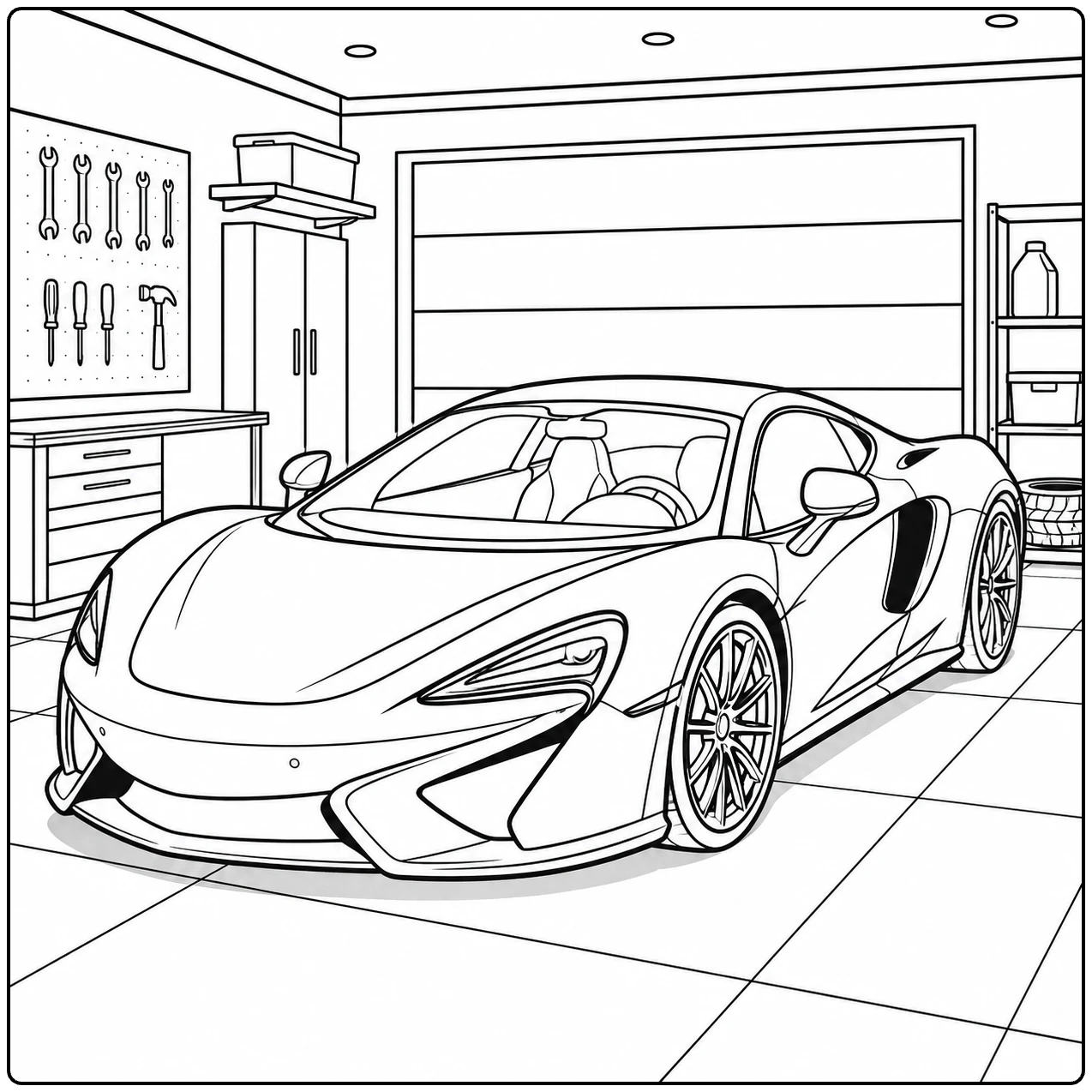 Supercar geparkeerd in een garage met grote deur en eenvoudige achtergrondlijnen