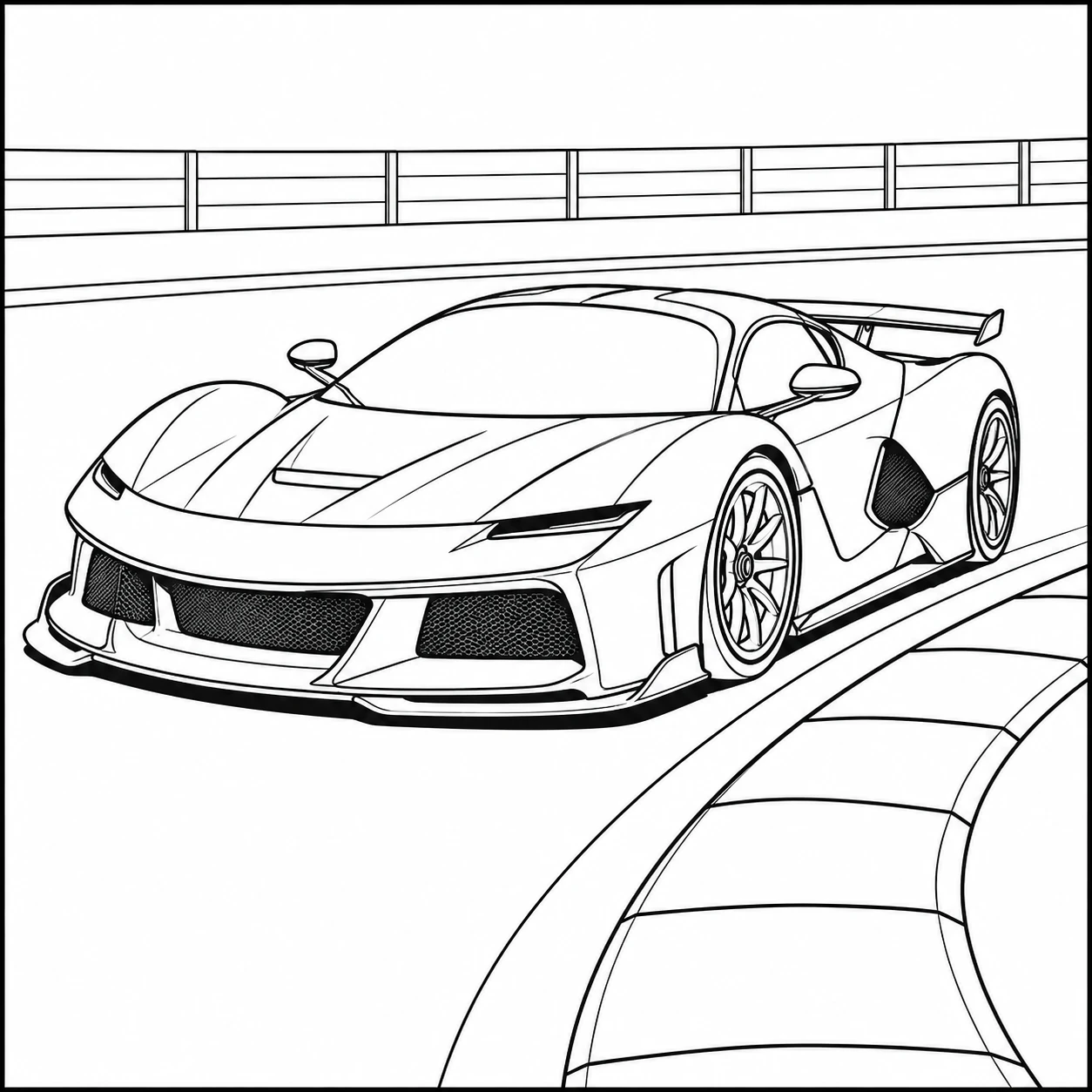 Moderne kleurplaat auto ferrari neemt een scherpe bocht langs de vangrail van het circuit