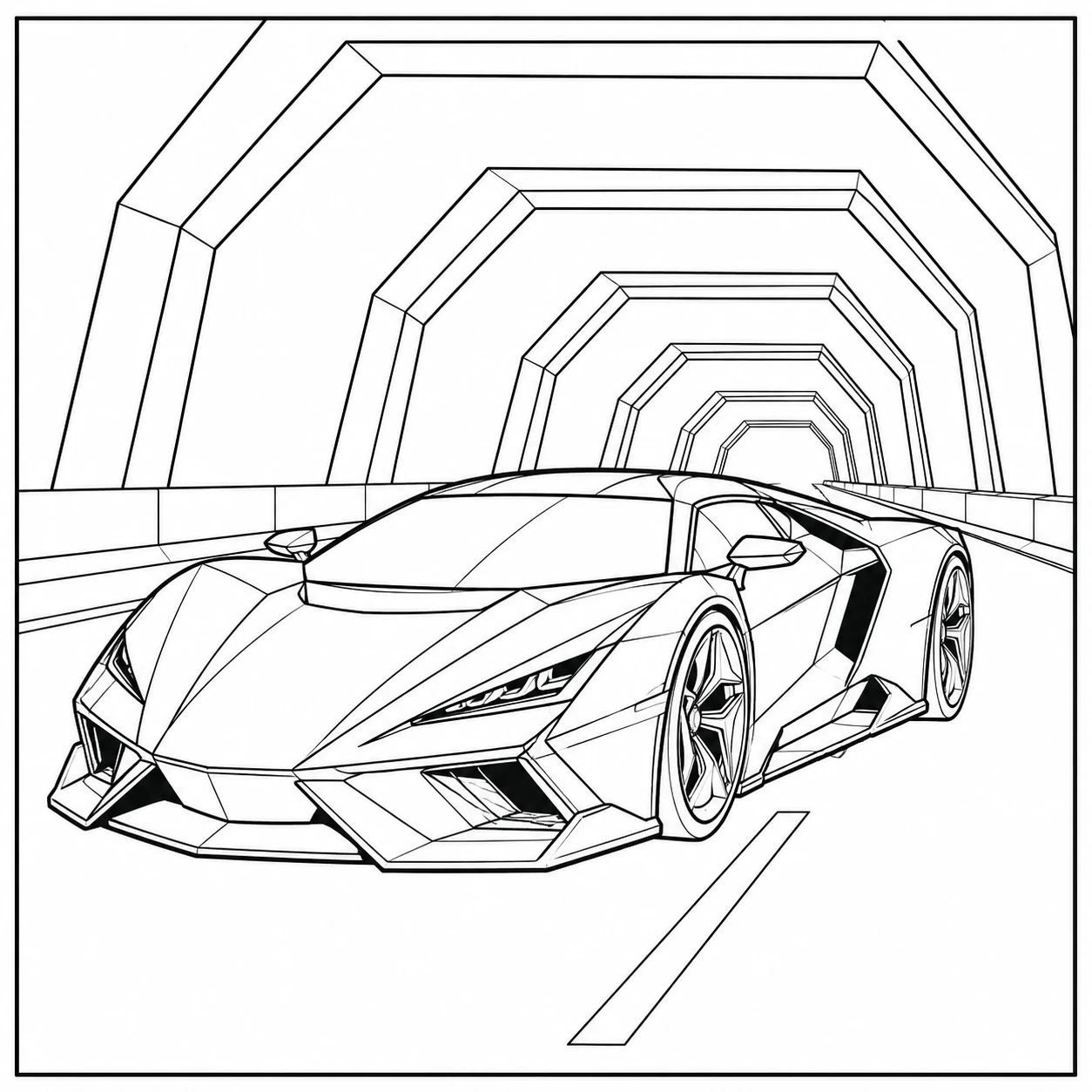 Gestroomlijnde supercar rijdt door een futuristische tunnel met herhalende geometrische bogen