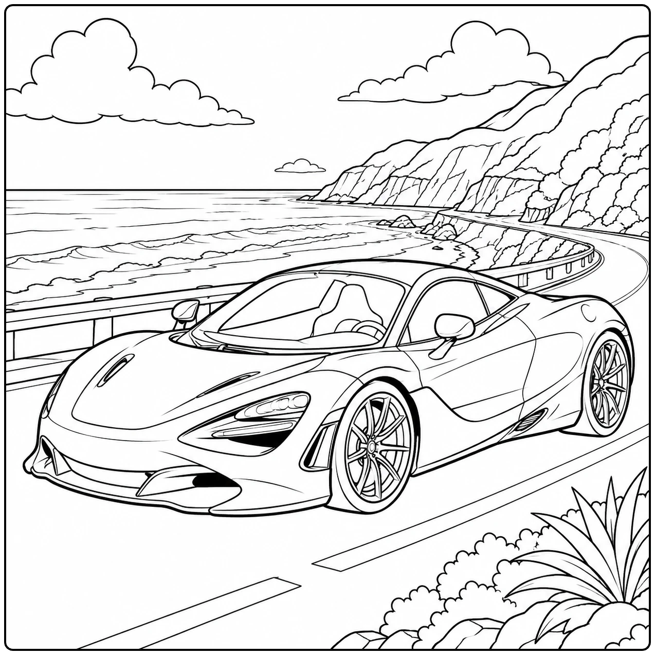 Elegante supercar op een kustweg met bergen, zee en eenvoudige contouren om te kleuren