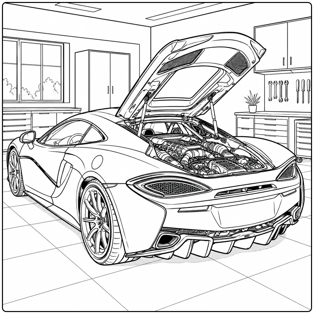 Supercar met geopende motorkap in een garageomgeving met zichtbare technische onderdelen