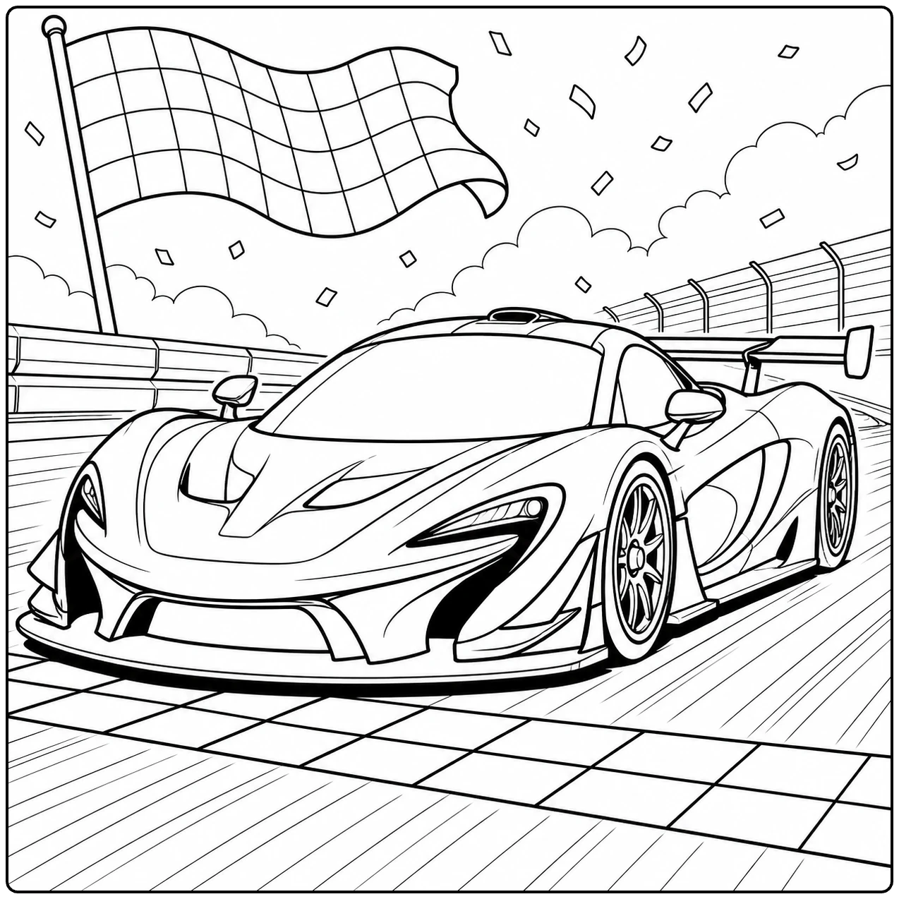 Sportwagen kleurplaat met een moderne supercar en een grote gebogen racevlag op de achtergrond