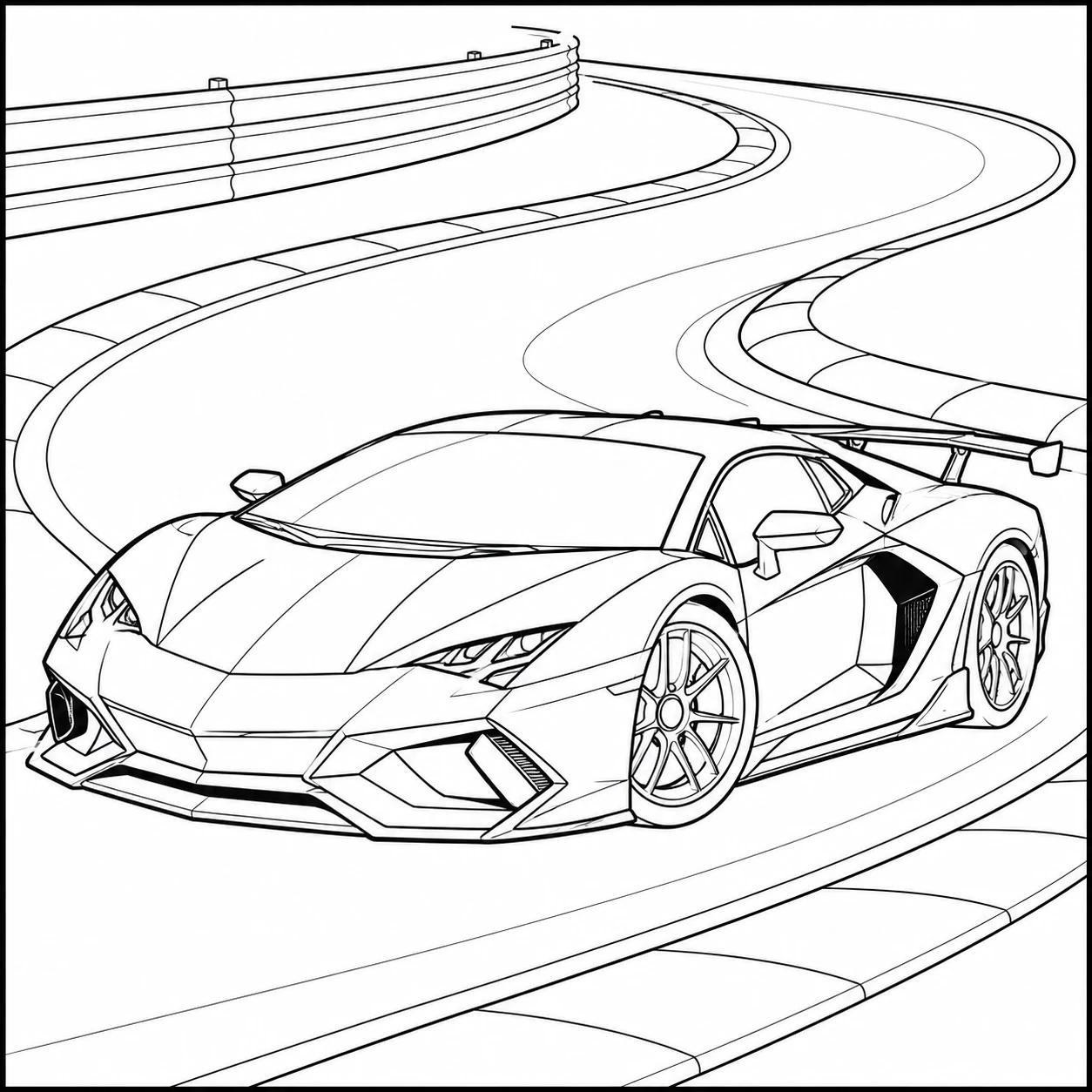 Een kleurplaat auto lamborghini op een bochtig circuit met hoge vangrails