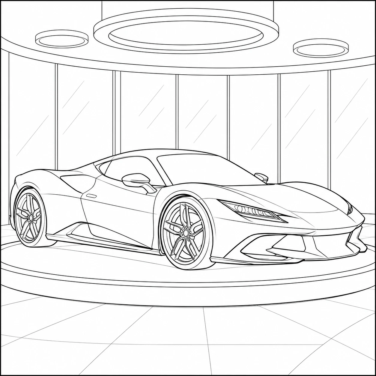 Op een rond showroompodium staat een kleurplaat auto ferrari onder grote plafondringen
