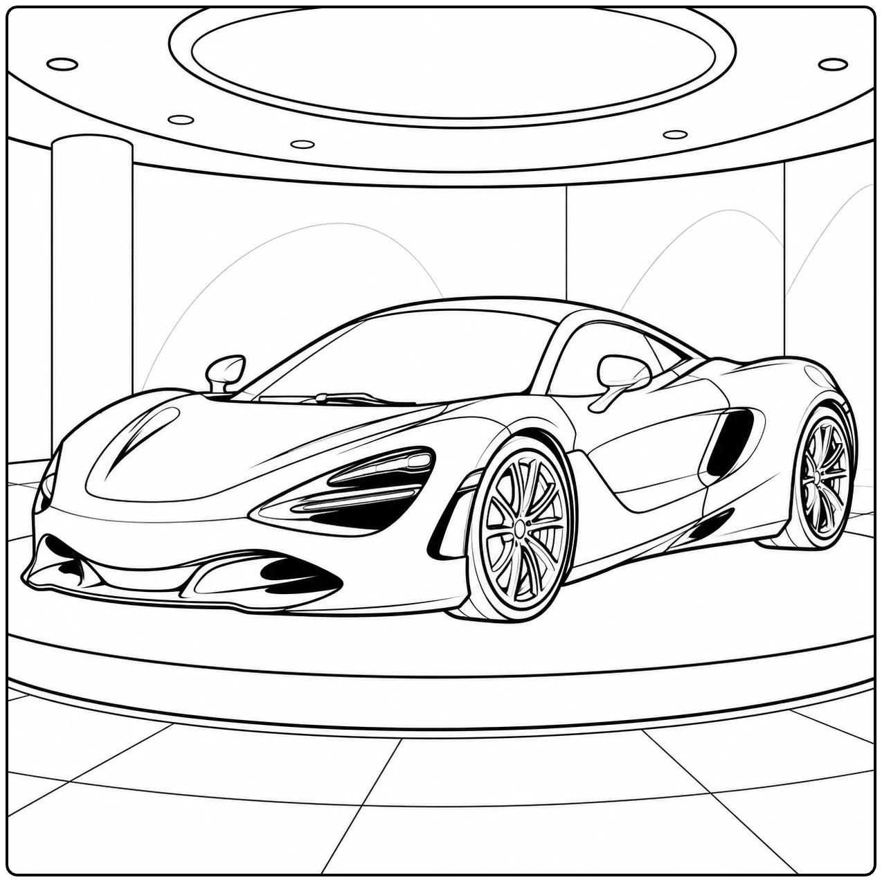 Moderne sportwagen in een showroom met rond platform en overzichtelijke vormen