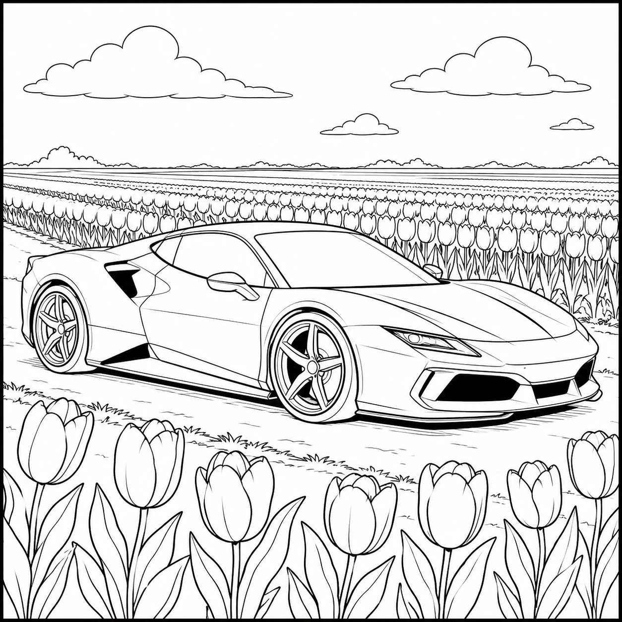 Gestroomlijnde supercar staat midden in een tulpenveld onder een open Nederlandse lucht