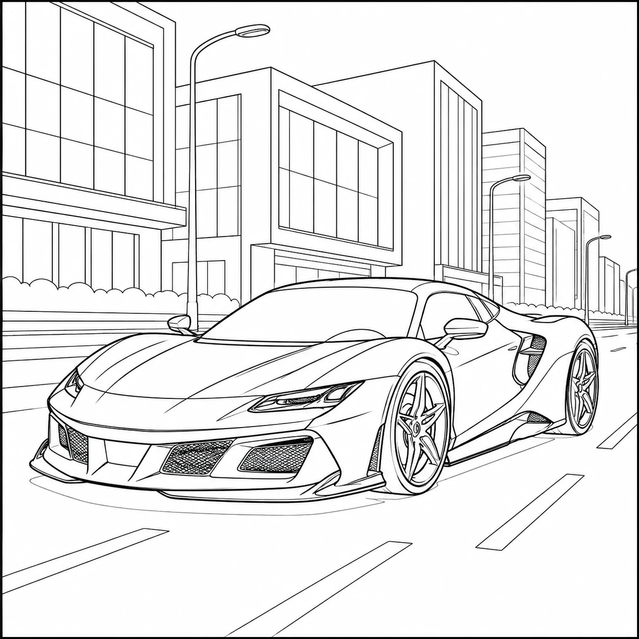 Moderne kleurplaat auto ferrari rijdt door een stadsstraat met hoge gebouwen