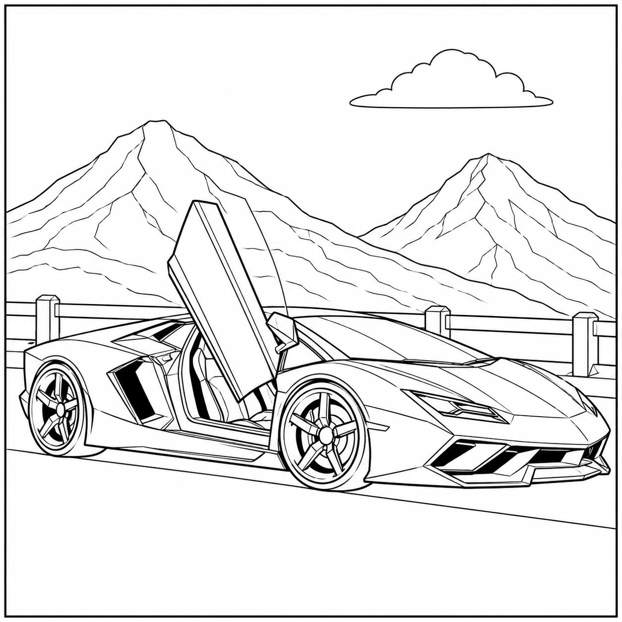 Lage kleurplaat auto lamborghini voor een berglandschap met één geopende vleugeldeur