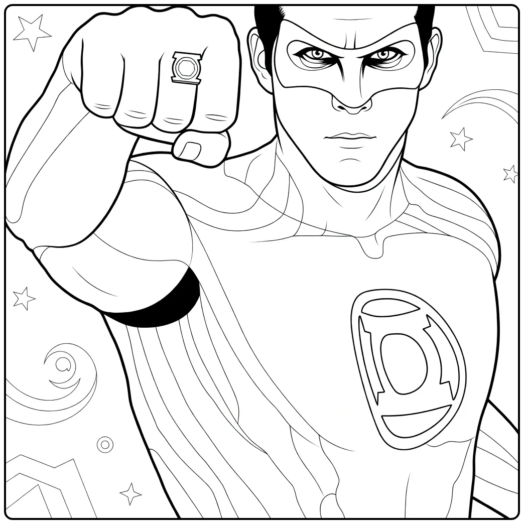 Green Lantern Kleurplaat van een gespierde held met masker en uitgestoken vuist