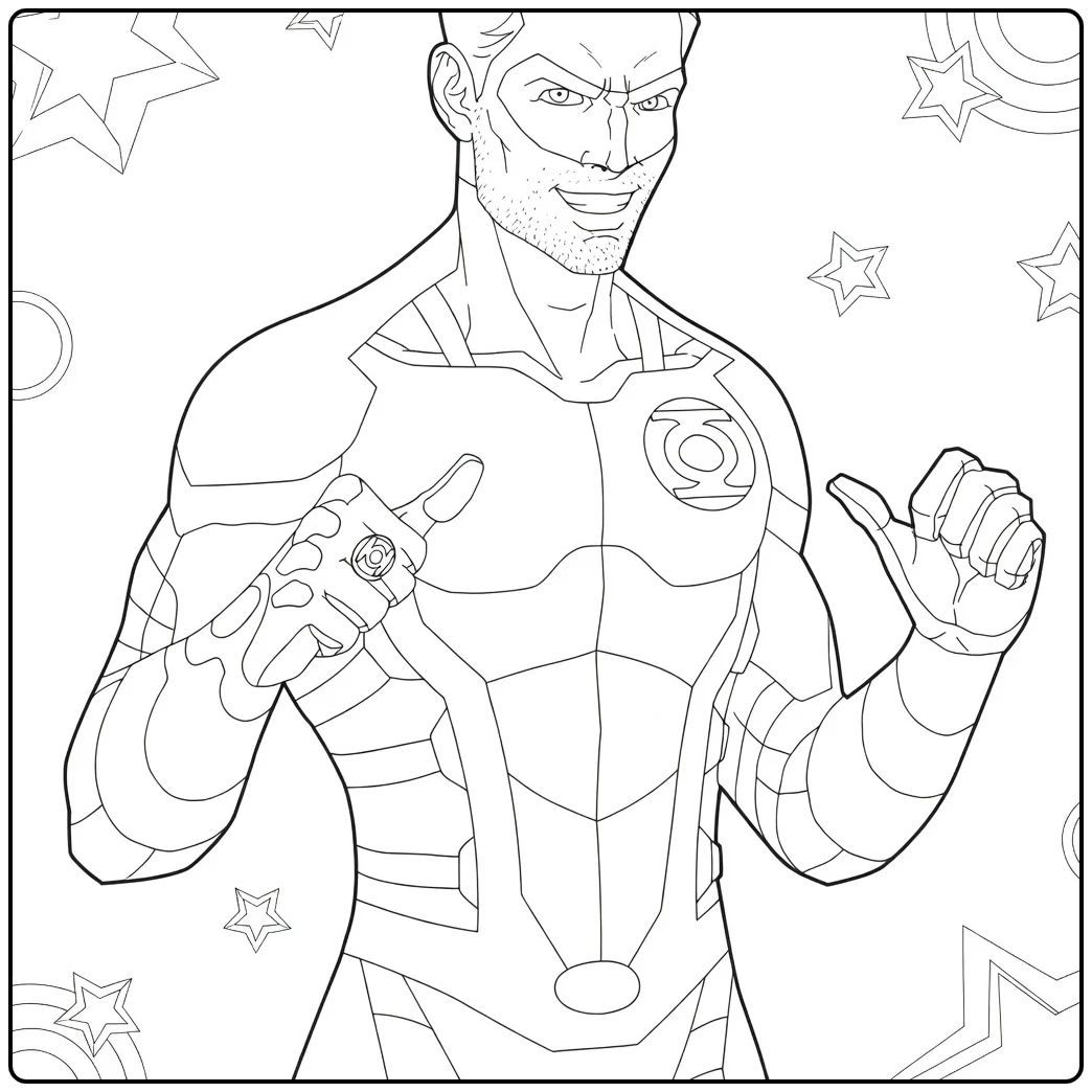 Green Lantern Kleurplaat van een gespierde man met groen masker die wijst met zijn rechterhand en vuist heft.