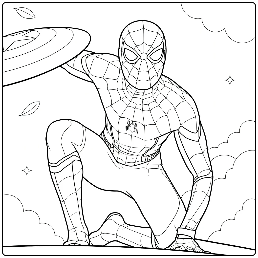 Hurkende held met webpak en schild spiderman kleurplaat