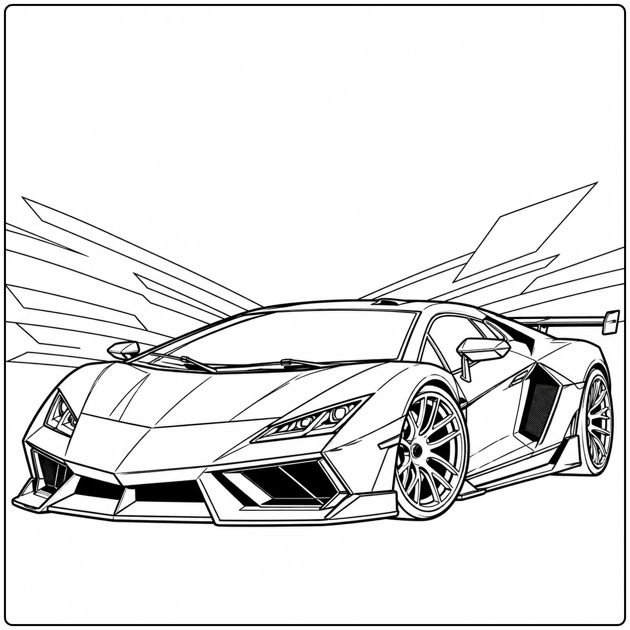Snelle kleurplaat auto lamborghini met hoekige carrosserie en dynamische snelheidslijnen