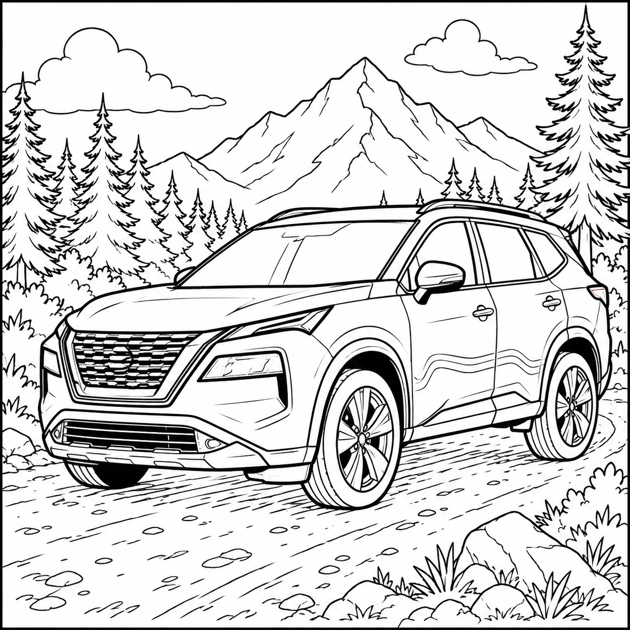 Nissan X-Trail geïnspireerde SUV op een bosweg met bergen en bomen