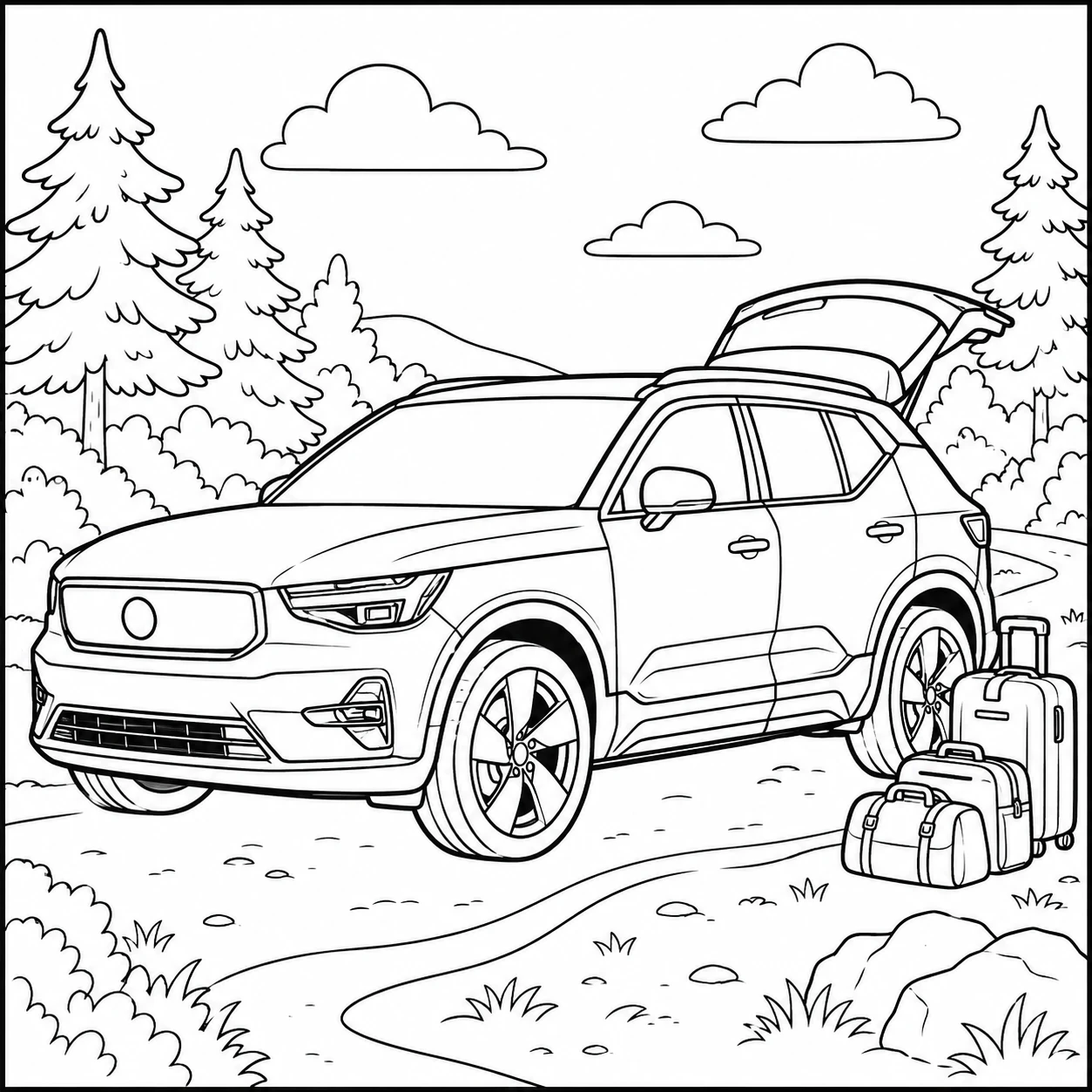 Een Scandinavische SUV met rugzakken naast de auto in een natuurlijke omgeving