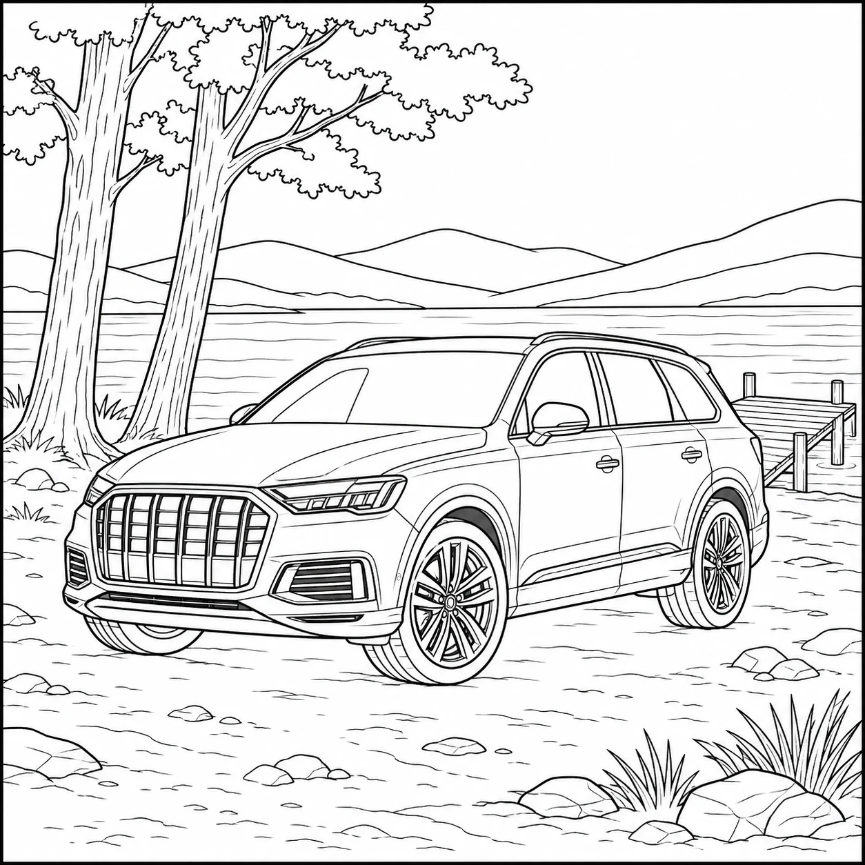 Luxe SUV op een landelijk pad tussen bomen, heuvels en een eenvoudige houten afrastering