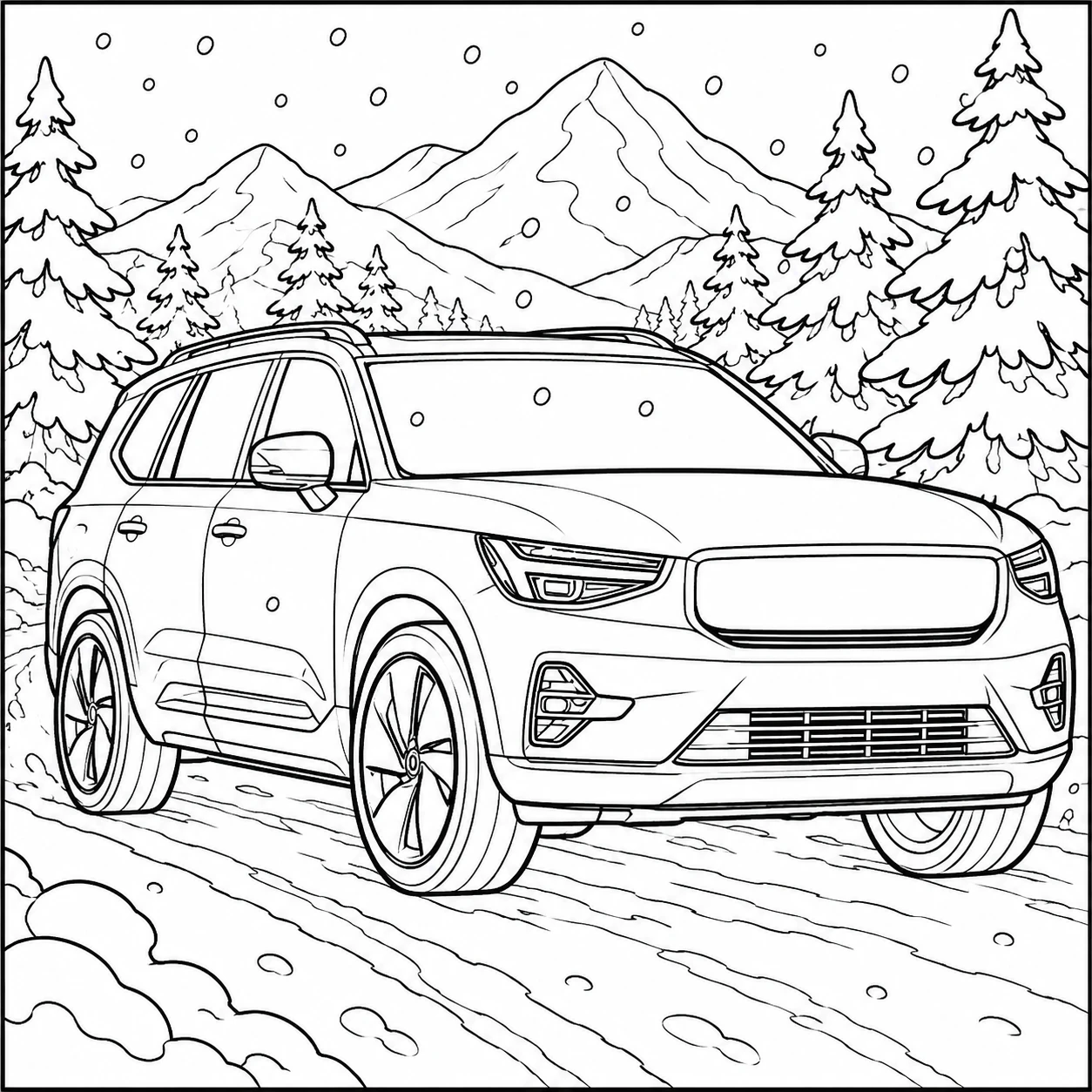 Kleurplaat auto volvo met een moderne SUV in een winterlandschap met bergen en sneeuw