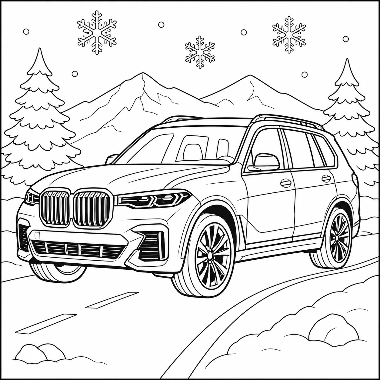 Winterse kleurplaat auto bmw met SUV, sneeuwvlokken, dennen en bergen