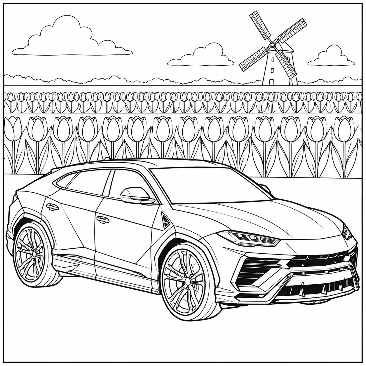 Sportieve SUV bij een tulpenveld met een windmolen en wolken aan de horizon
