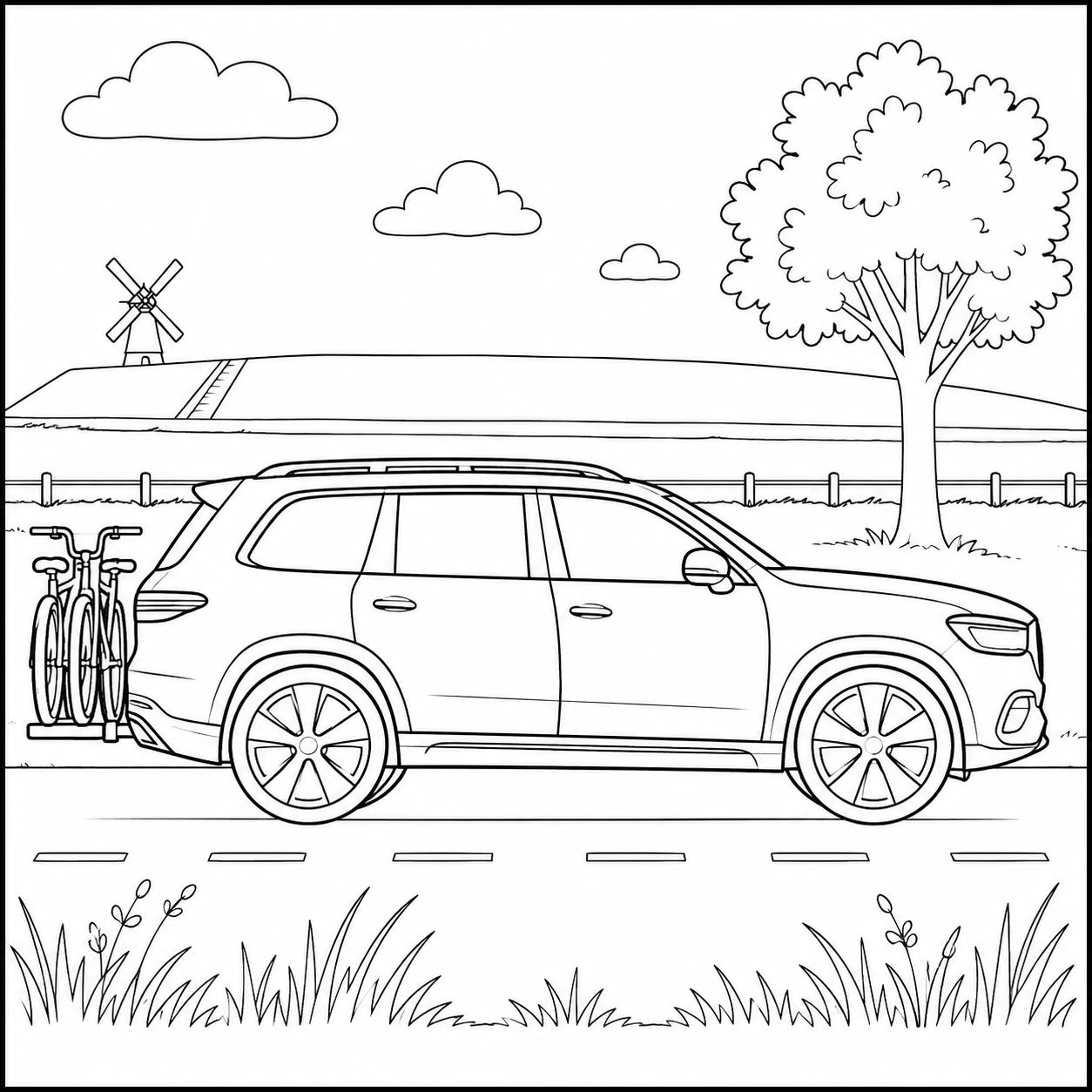 SUV van opzij met fietsen achterop, een boom en een windmolen in de verte