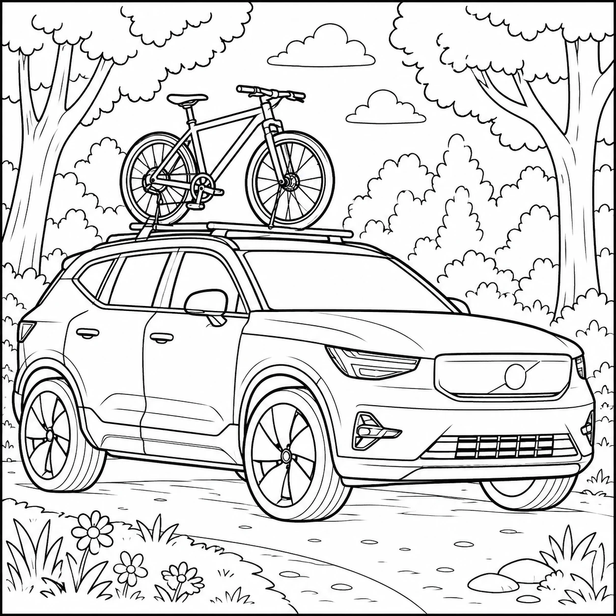 SUV met fiets op het dak en een huiselijke omgeving voor een avontuurlijke kleurplaat
