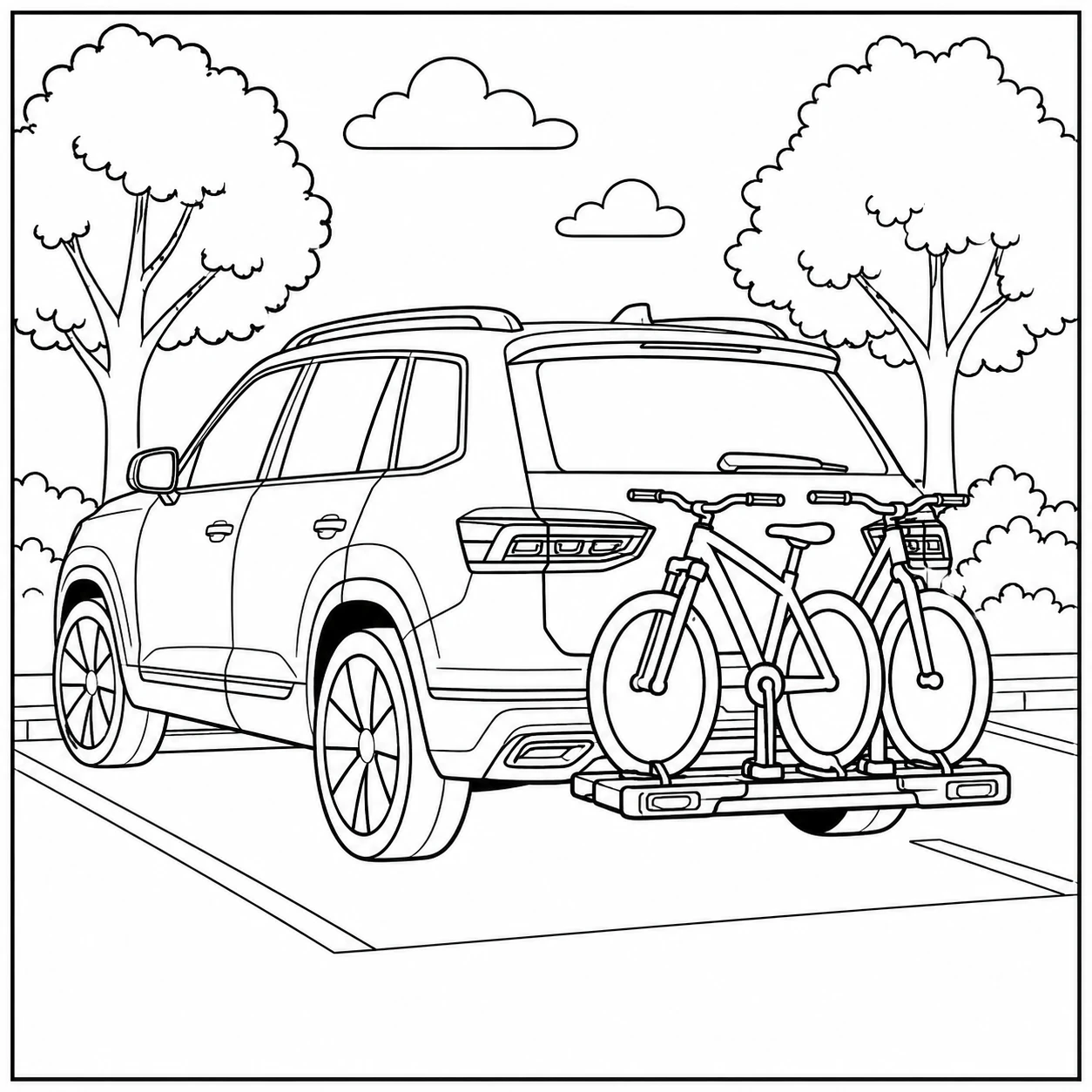 SUV met twee fietsen op een achterdrager, geparkeerd tussen bomen op een rustige parkeerplaats