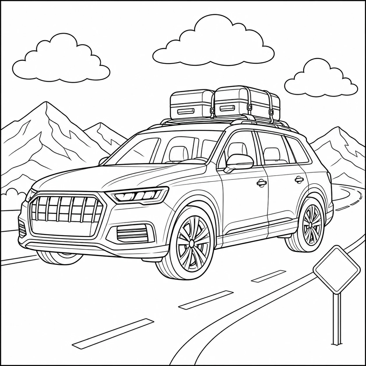 Gezins-SUV met bagage op het dak rijdt door een berglandschap onder grote wolken