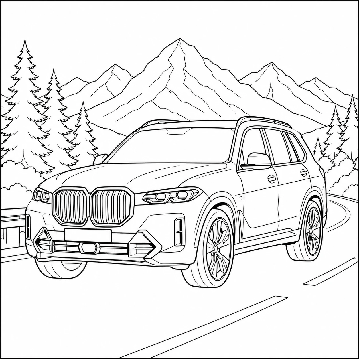 Grote luxe SUV op een bergweg met dennenbomen en hoge bergtoppen