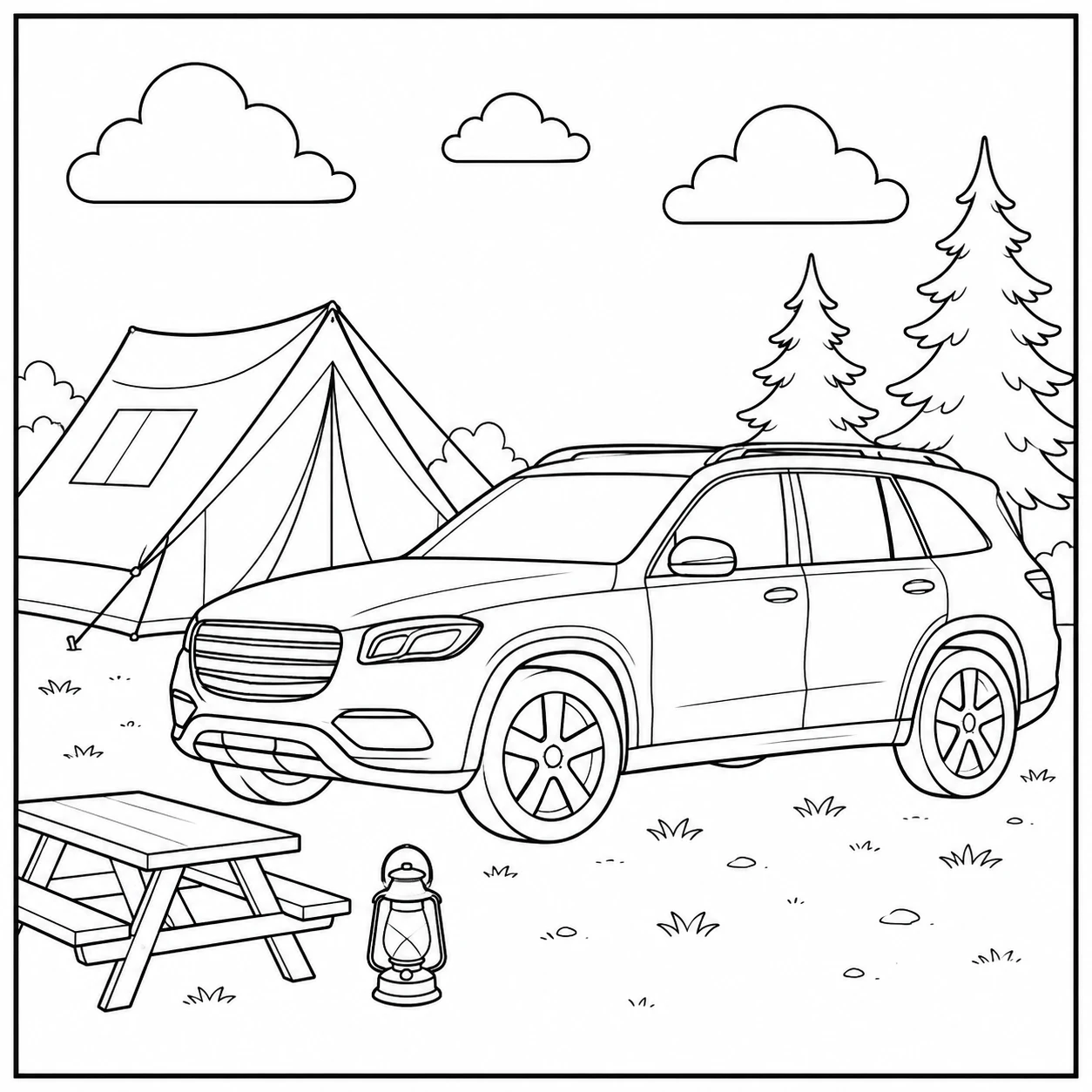 Gezins-SUV op een camping met tent, lantaarn en picknickbank tussen de bomen