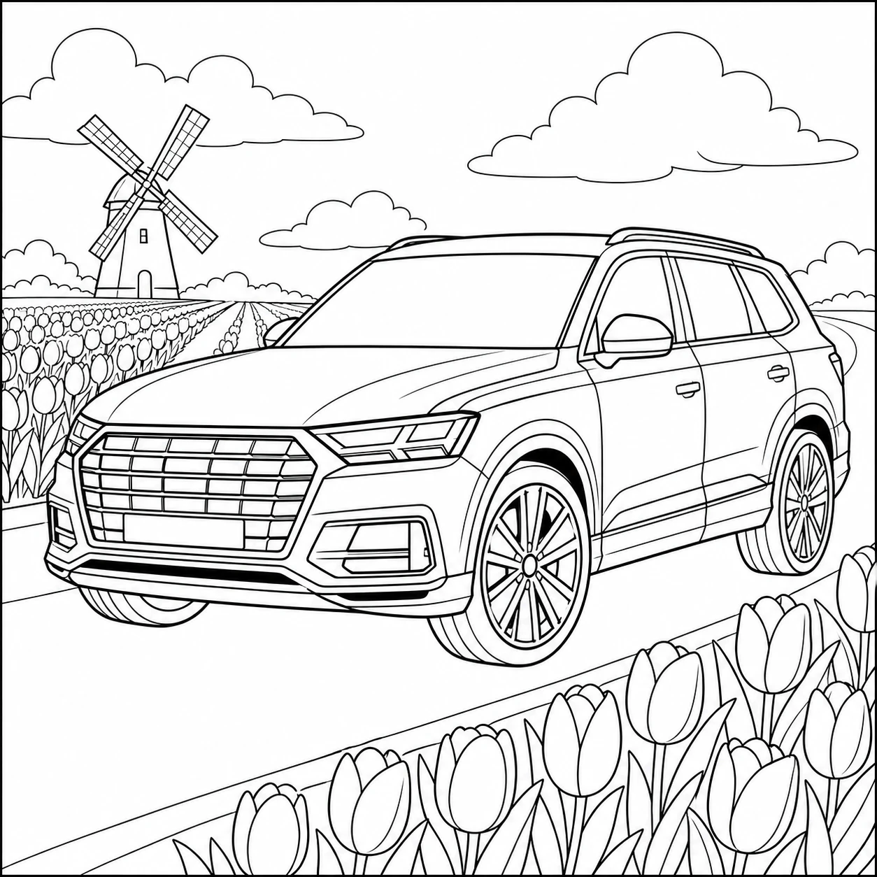 Luxe SUV in een tulpenveld met molen, kleurplaat auto audi in een herkenbaar Nederlands landschap