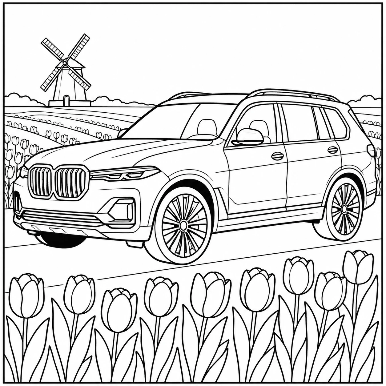 SUV bij tulpen en een windmolen, een Nederlandse kleurplaat auto bmw