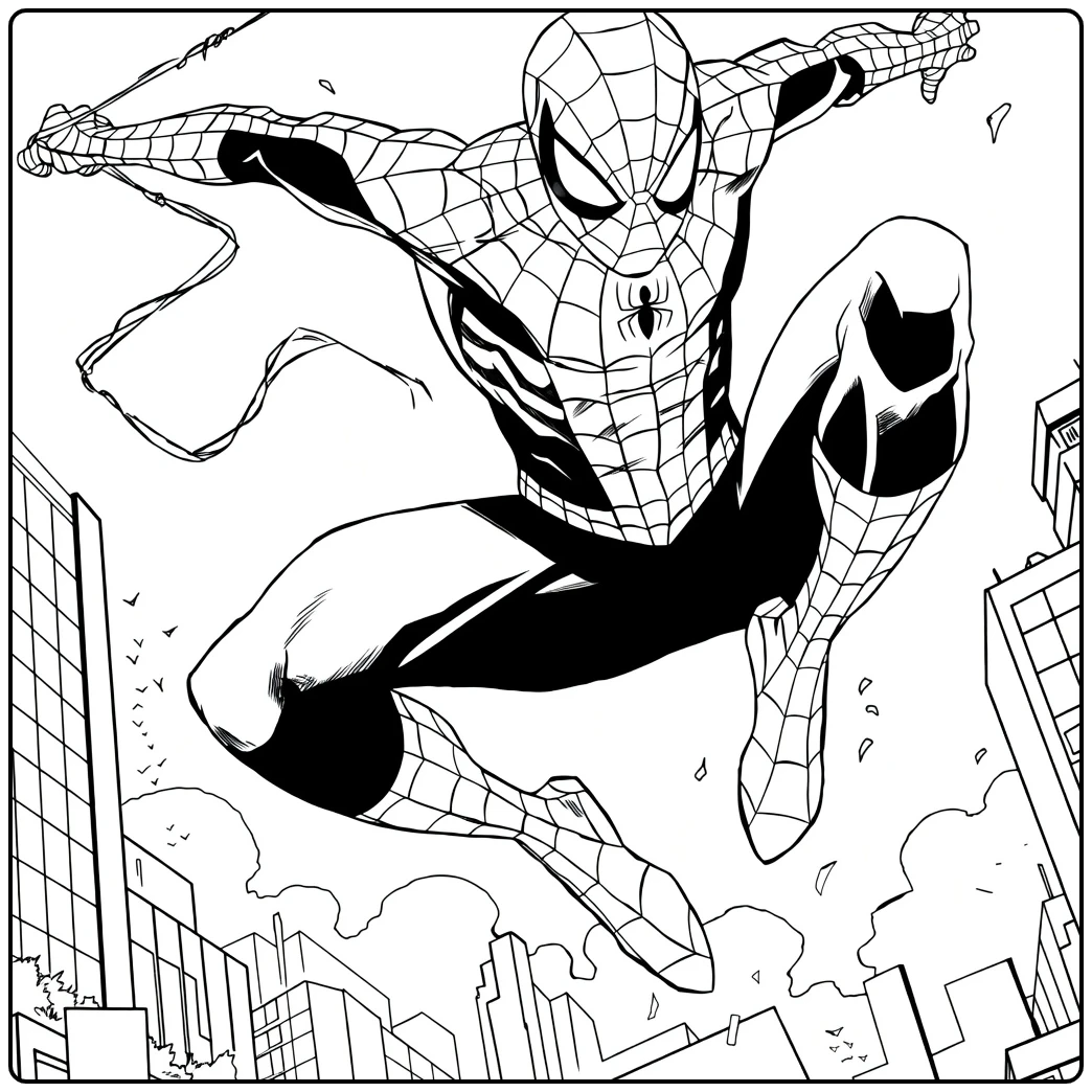 Spiderman kleurplaat van een held die swingend door de stad beweegt met weblijnen