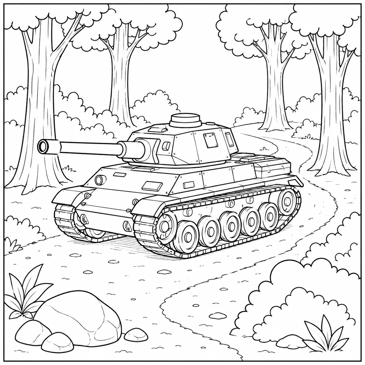 Tank rijdt over een bospad tussen hoge bomen, struiken en grote stenen.