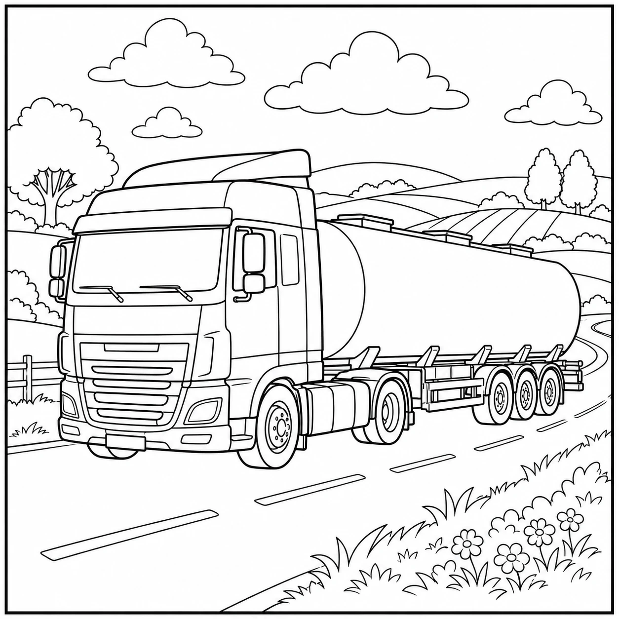 Tankwagen rijdt door een landelijk gebied met heuvels, bomen en wolken op de achtergrond.