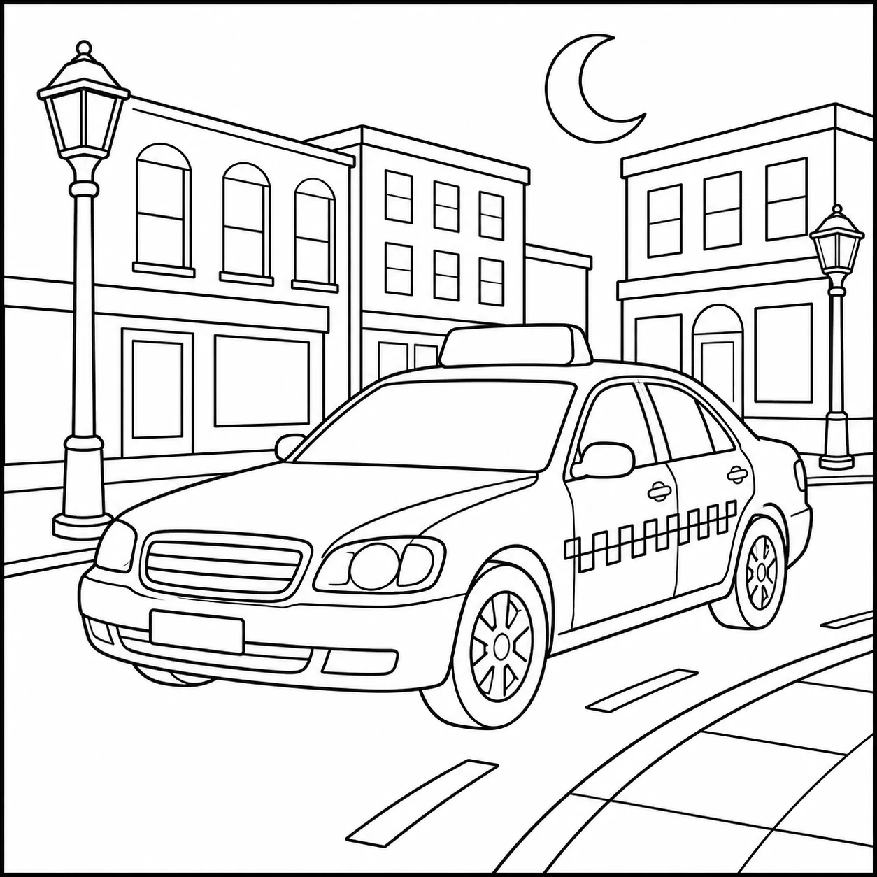 Taxi kleurplaat van een wagen in een rustige stadsstraat met maan, lantaarns en gebouwen