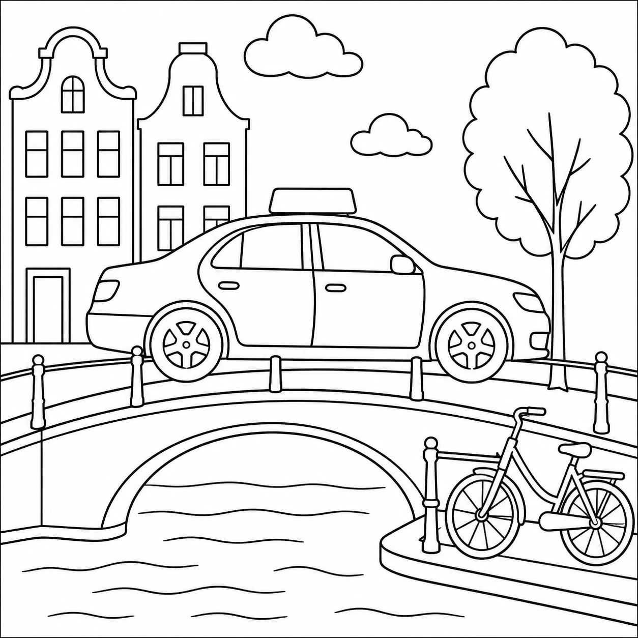 Taxi rijdt over een gebogen brug boven de gracht, met grachtenpanden en een fiets ernaast