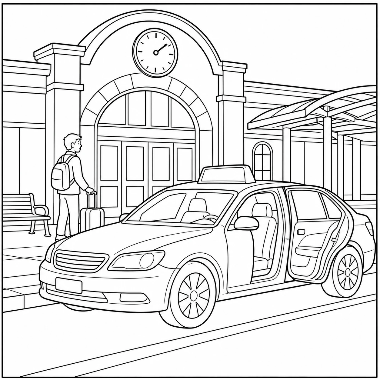 Voor een treinstation toont deze taxi kleurplaat een wagen met open deur onder een grote klok