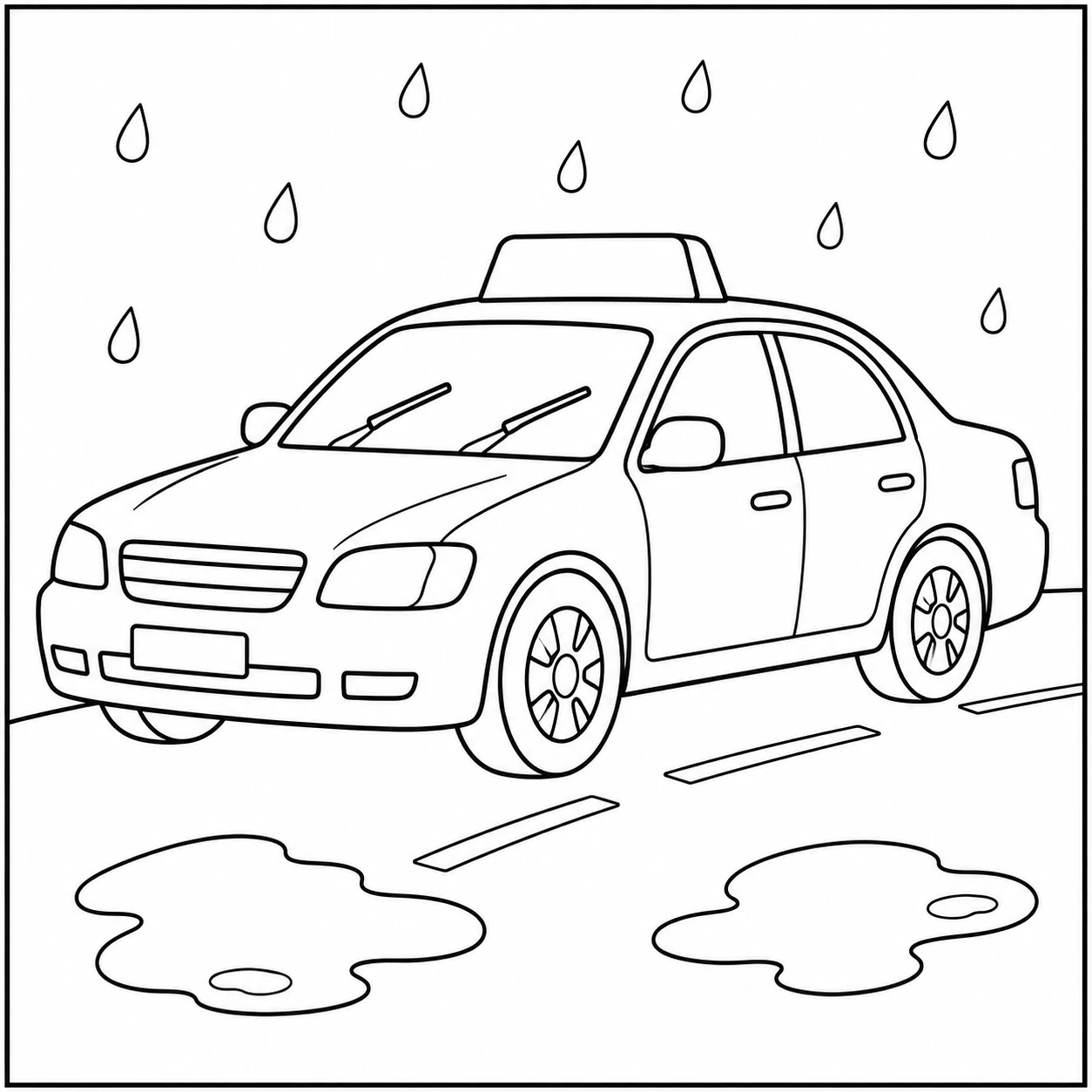 Rijdende auto in lichte regen met ruitenwissers, plassen en een klein taxibord op het dak