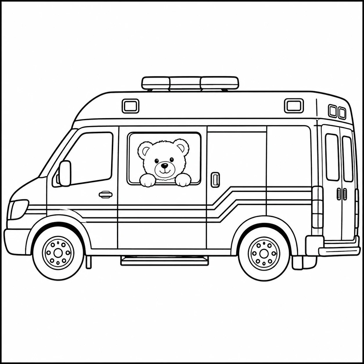 Zijaanzicht van een ambulance met een vriendelijke teddybeer die uit het raam kijkt