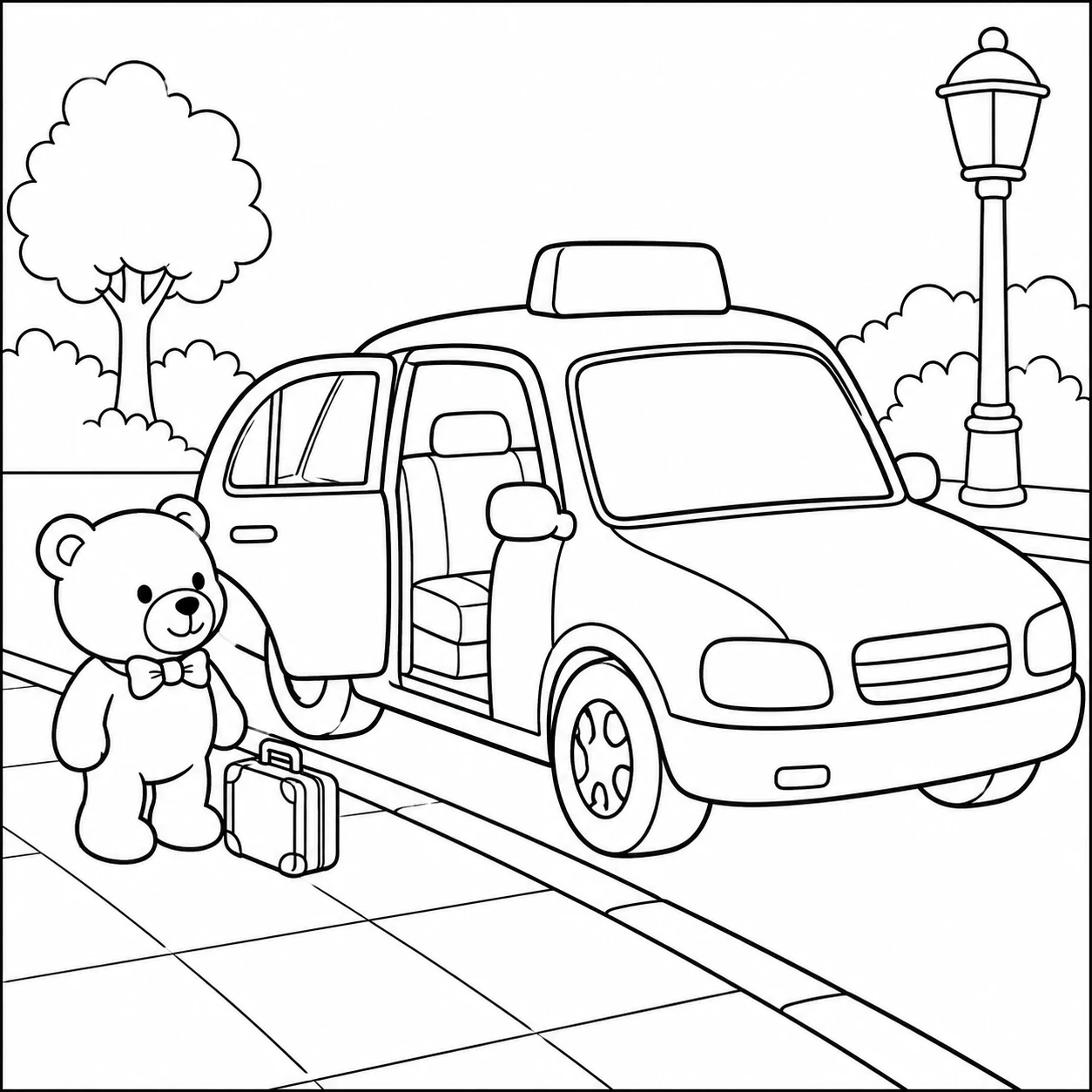 Teddybeer met koffer wacht naast een taxi met geopende achterdeur op het trottoir