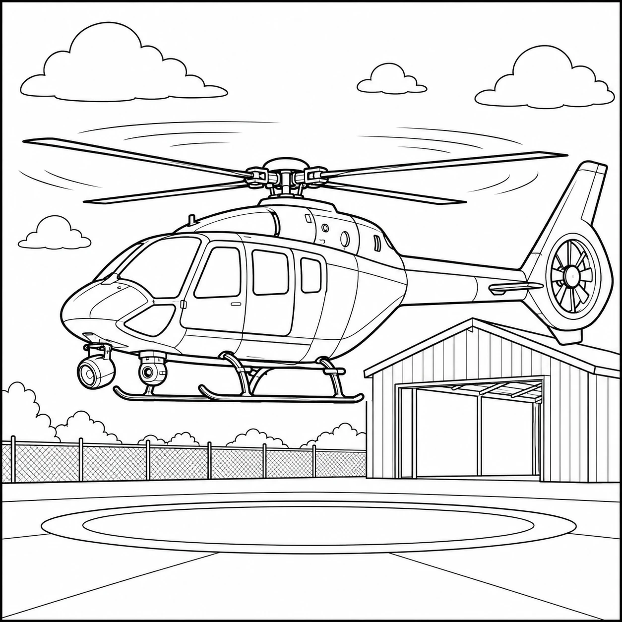 Politiehelikopter nadert een helikopterplatform naast een eenvoudige hangar