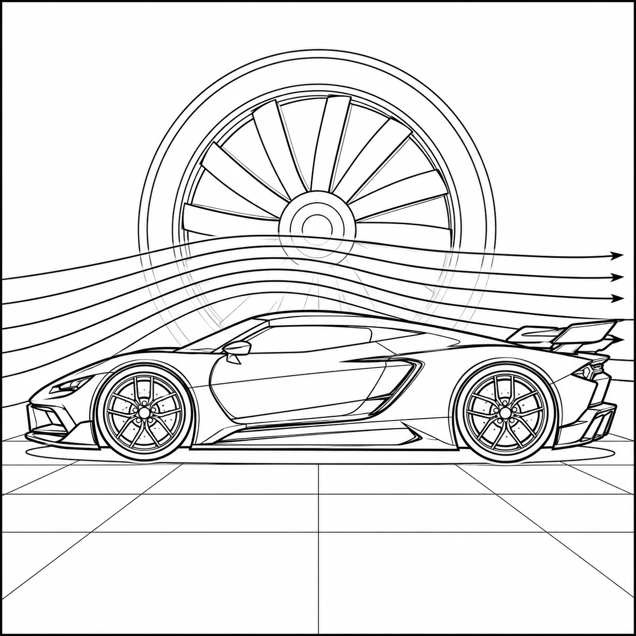 Gebogen luchtstromen lopen langs de zijkant van een kleurplaat auto bugatti voor een grote ventilator.