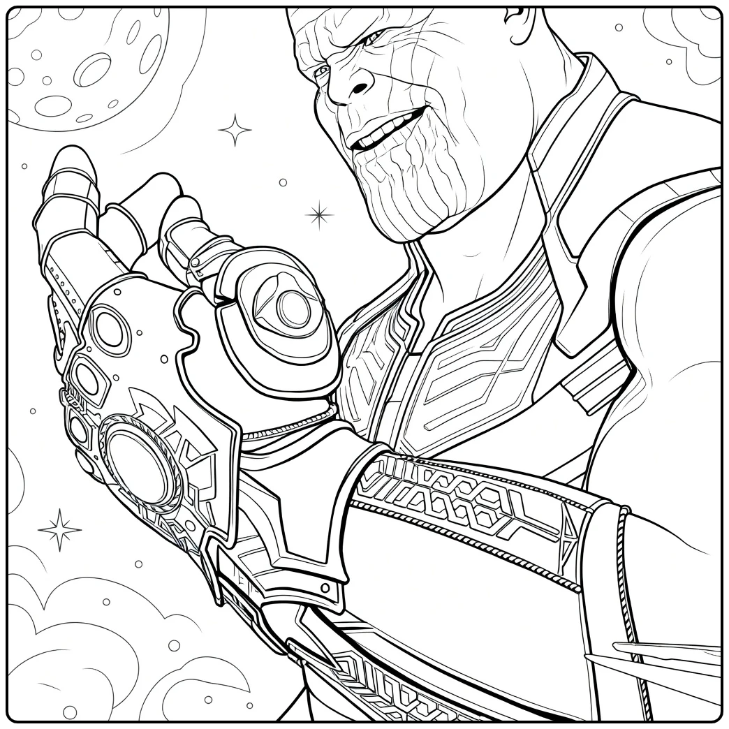 Thanos Kleurplaat van een krijger die een edelsteen activeert op zijn pantserhandschoen