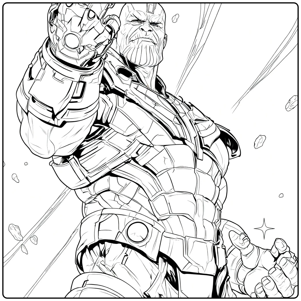 Thanos Kleurplaat van een krijger met opgeheven hand en breed pantser