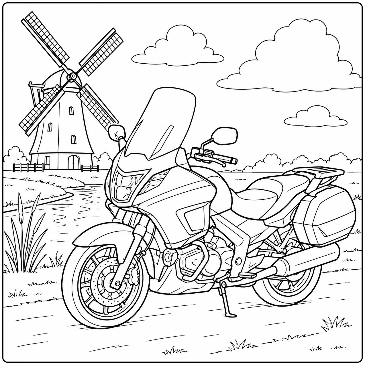 Toermotor bij een windmolen vormt een rustige kleurplaat motor bmw met riet en wolken
